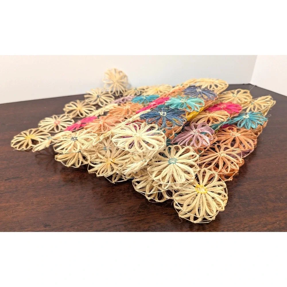 Vintage Handmade Raffia Straw Flower Placemats Colorful Boho Table Decor Set 3